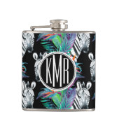 Zebra und exotisches Monogramm des Blumen-Muster-| Flachmann (Vorderseite)