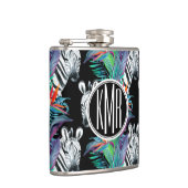 Zebra und exotisches Monogramm des Blumen-Muster-| Flachmann (Rechts)