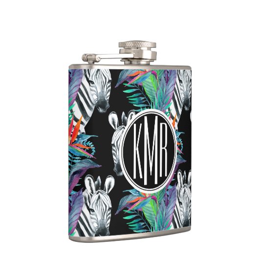 Zebra und exotisches Monogramm des Blumen-Muster-| Flachmann (Rechts)