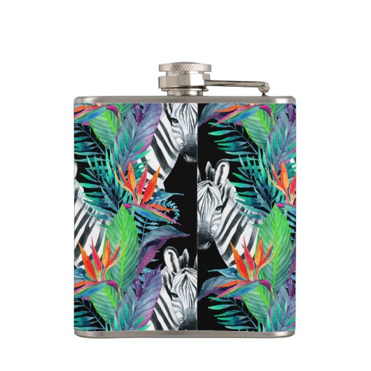 Zebra und exotisches Monogramm des Blumen-Muster-| Flachmann (Rückseite)