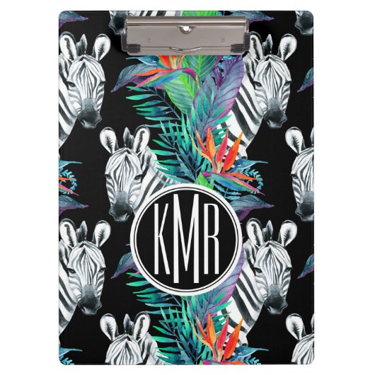 Zebra und exotisches Monogramm des Blumen-Muster-| Klemmbrett (Vorderseite)