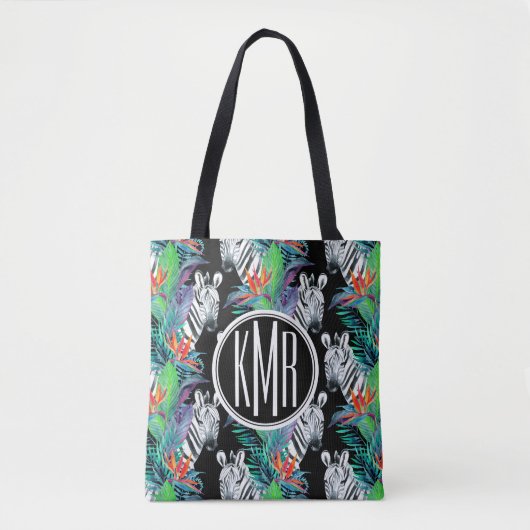 Zebra und exotisches Monogramm des Blumen-Muster-| Tasche (Vorderseite)