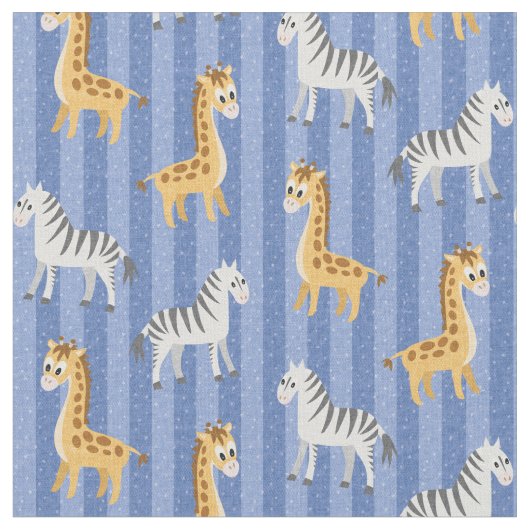 Zebra und Giraffe African Safari Blue Stripes Stoff (Nahaufnahme)