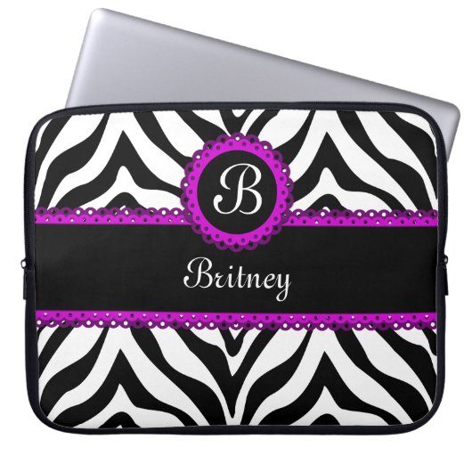 Zebra und lila Spitze-Monogramm-Laptop-Hülse Laptopschutzhülle (Vorderseite)
