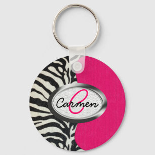Zebra und Neonrosa mit metallischem Monogramm Schlüsselanhänger