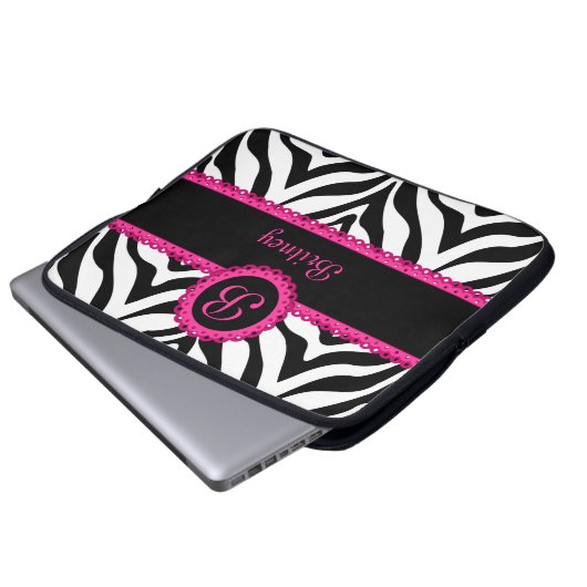 Zebra und rosa Spitze-Monogramm Laptopschutzhülle (Vorne Knopf)