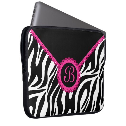 Zebra und rosa Spitze-Monogramm Laptopschutzhülle (Vorne Rechts)