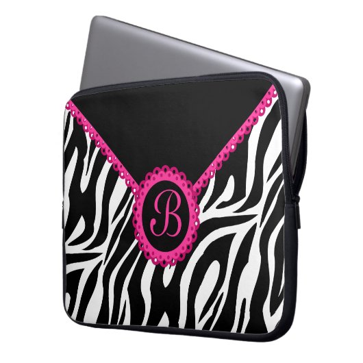 Zebra und rosa Spitze-Monogramm Laptopschutzhülle (Vorderseite Links)