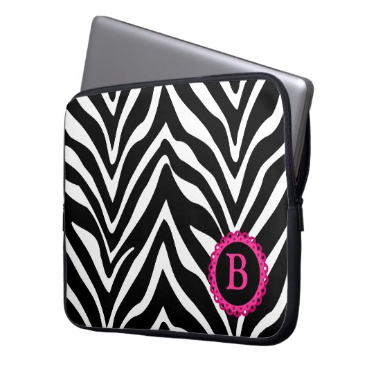 Zebra und rosa Spitze-Monogramm Laptopschutzhülle (Vorderseite Links)