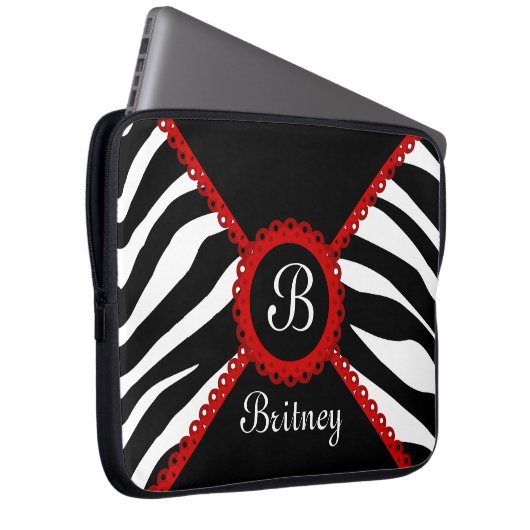 Zebra und rotes Spitze-Monogramm Laptopschutzhülle (Vorne Rechts)