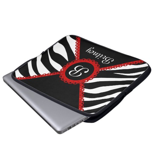 Zebra und rotes Spitze-Monogramm Laptopschutzhülle (Vorne Knopf)