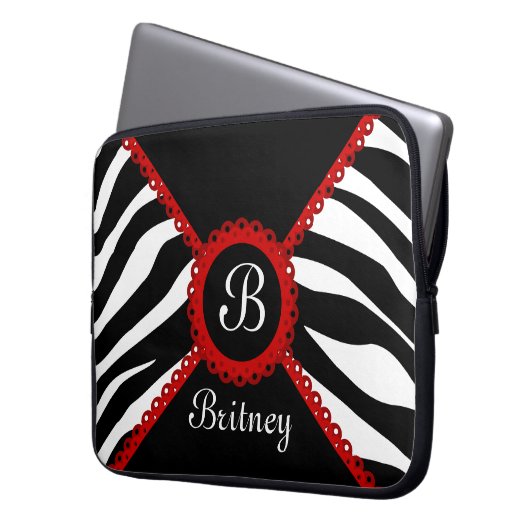 Zebra und rotes Spitze-Monogramm Laptopschutzhülle (Vorderseite Links)