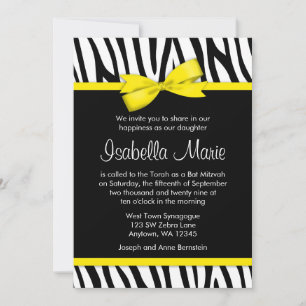 Zebra Yellow Printed Bow Bat Mitzvah Einladungen