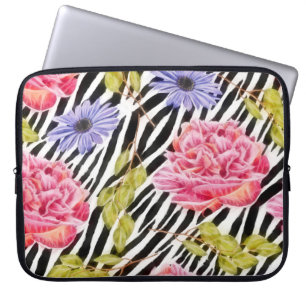 Zebradruck mit Chic Pink und Lila Blumen Laptopschutzhülle