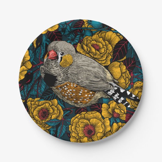 Zebrafinch und Rose Pappteller (Vorderseite)