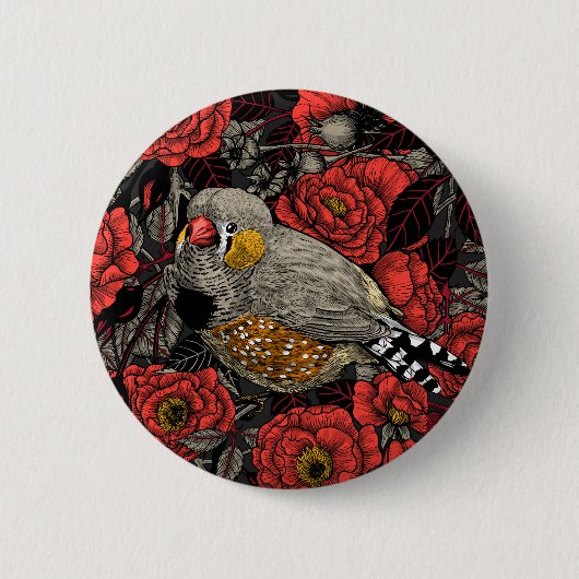 Zebrafinch und rote Rose Button (Vorderseite)