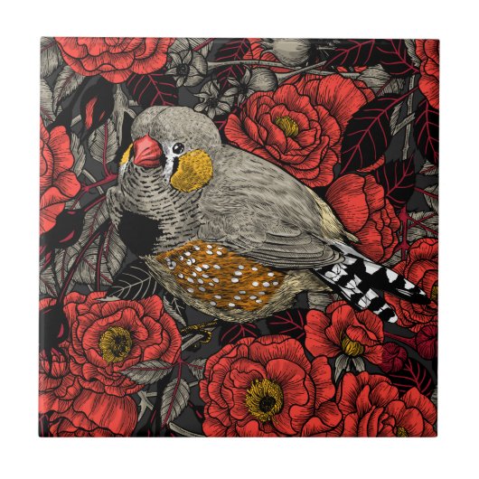 Zebrafinch und rote Rose Fliese (Vorderseite)
