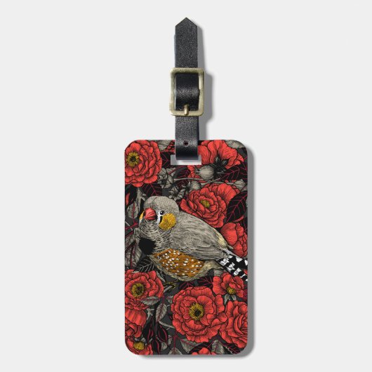 Zebrafinch und rote Rose Gepäckanhänger (Vorderseite vertikal)