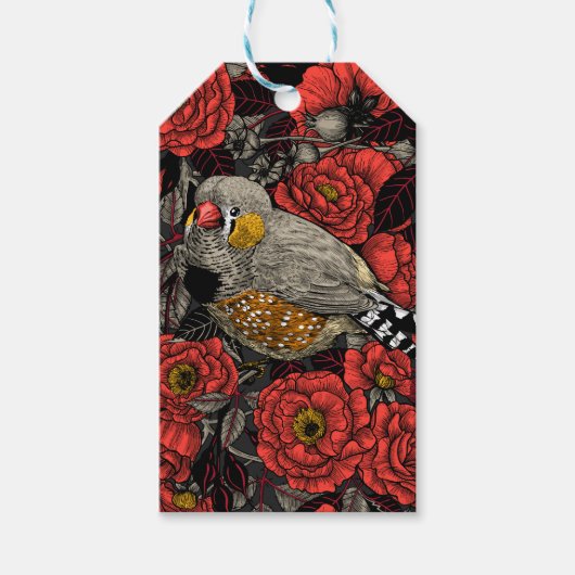 Zebrafinch und rote Rose Geschenkanhänger (Vorderseite)