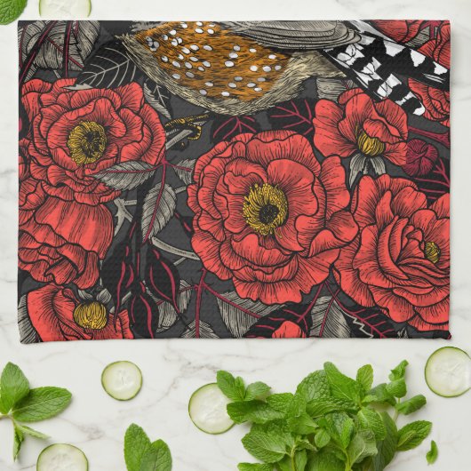 Zebrafinch und rote Rose Geschirrtuch (Gefaltet)