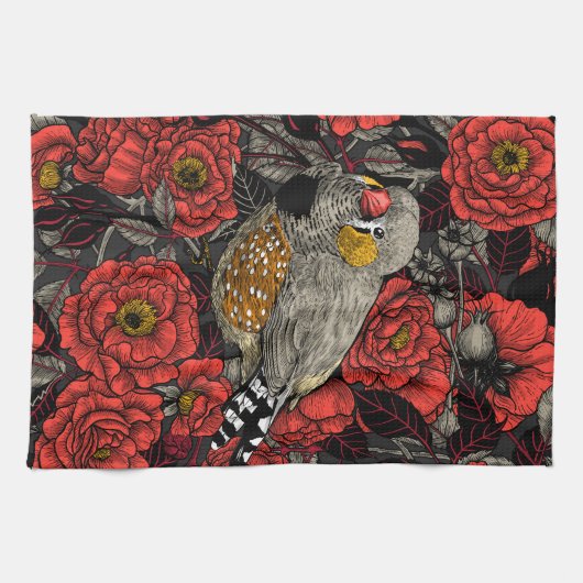 Zebrafinch und rote Rose Geschirrtuch (Horizontal)