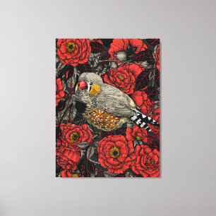 Zebrafinch und rote Rose Leinwanddruck