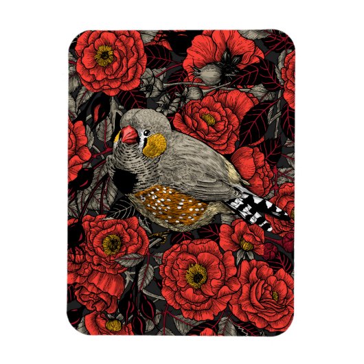 Zebrafinch und rote Rose Magnet (Vertikal)
