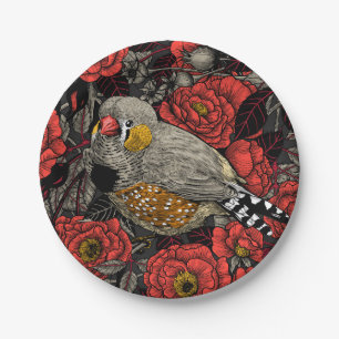 Zebrafinch und rote Rose Pappteller