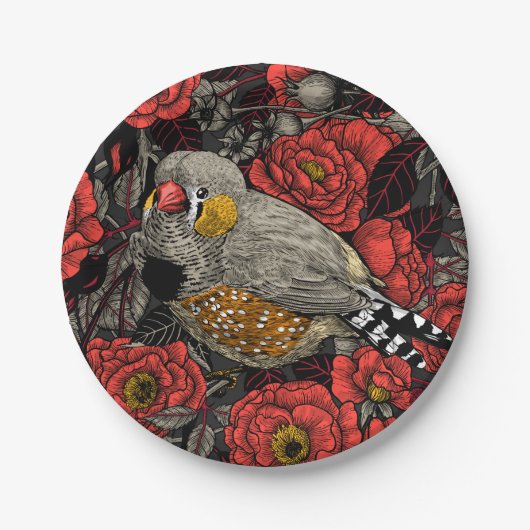 Zebrafinch und rote Rose Pappteller (Vorderseite)