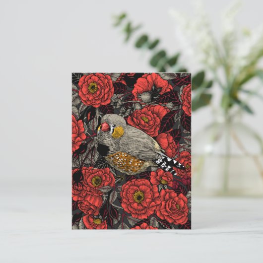 Zebrafinch und rote Rose Postkarte (Stehend Vorderseite)