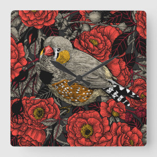 Zebrafinch und rote Rose Quadratische Wanduhr