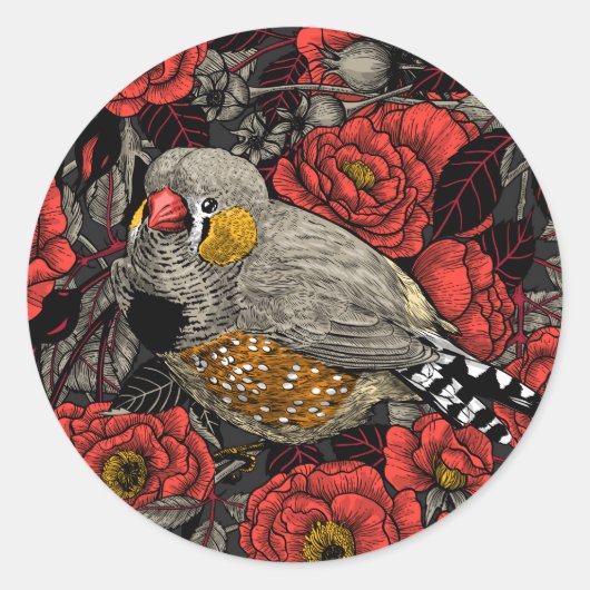 Zebrafinch und rote Rose Runder Aufkleber (Vorderseite)