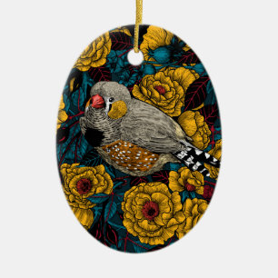 Zebrafink und Rosenbusch Keramik Ornament