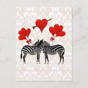 Zebras und Herzen auf rosa Damast Postkarte