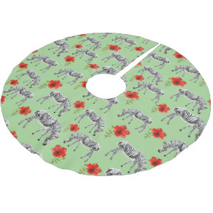 Zebras unter den Blume der Hibisken Polyester Weihnachtsbaumdecke
