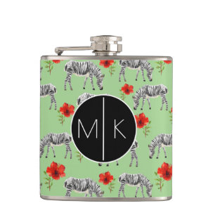 Zebras unter Monogramm der Hibiskus-Blumen- Flachmann