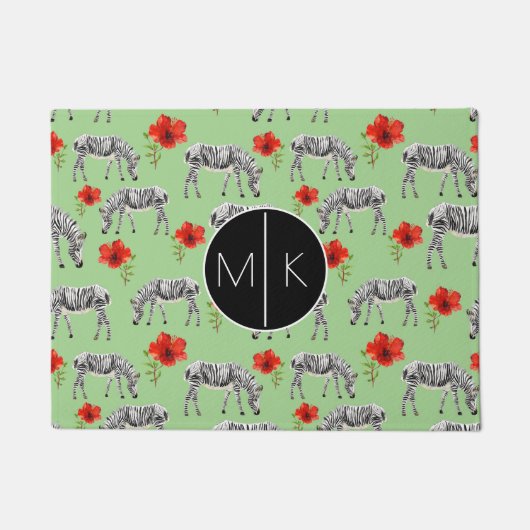 Zebras unter Monogramm der Hibiskus-Blumen-| Fußmatte (Vorderseite)