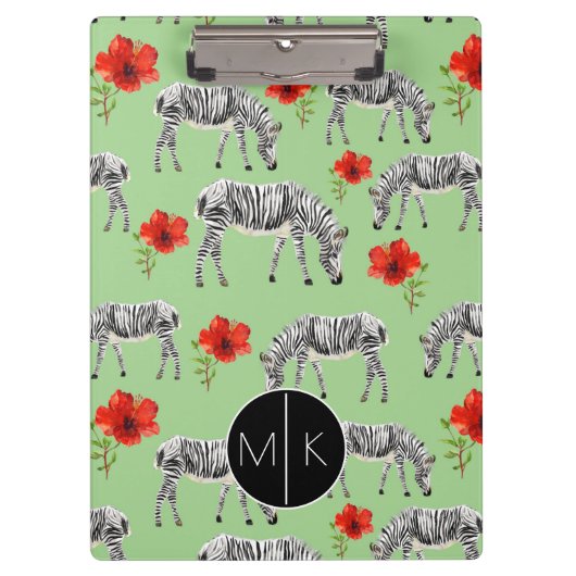 Zebras unter Monogramm der Hibiskus-Blumen-| Klemmbrett (Vorderseite)