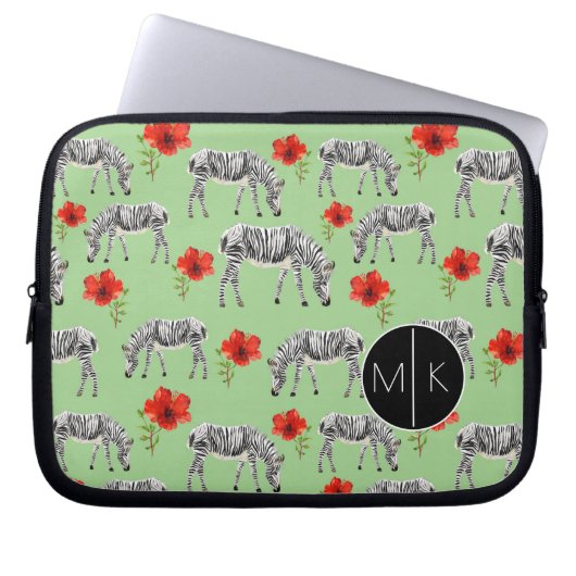 Zebras unter Monogramm der Hibiskus-Blumen-| Laptopschutzhülle (Vorderseite)