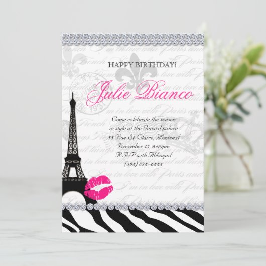 Zees Birthday Party Paris Card Eiffel Tower Zebra Einladung (Stehend Vorderseite)