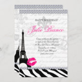 Zees Birthday Party Paris Card Eiffel Tower Zebra Einladung (Vorne/Hinten)