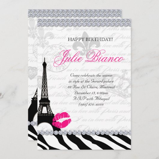 Zees Birthday Party Paris Card Eiffel Tower Zebra Einladung (Vorne/Hinten)