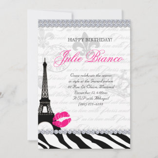 Zees Birthday Party Paris Card Eiffel Tower Zebra Einladung