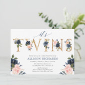 Zehn Babydusche, Mädchen Junge Zwillinge pinkblau  Einladung (Stehend Vorderseite)