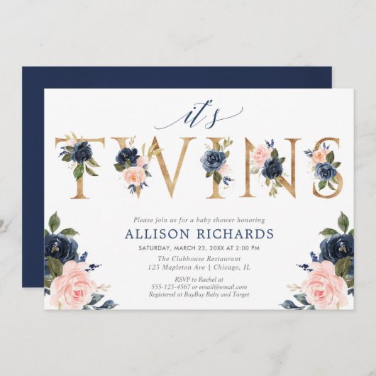 Zehn Babydusche, Mädchen Junge Zwillinge pinkblau  Einladung (Vorne/Hinten)