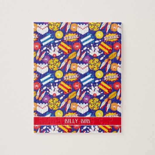 Zehn Button Bowling Shirt Schuhe Pizza und Strikes Puzzle (Vertikal)