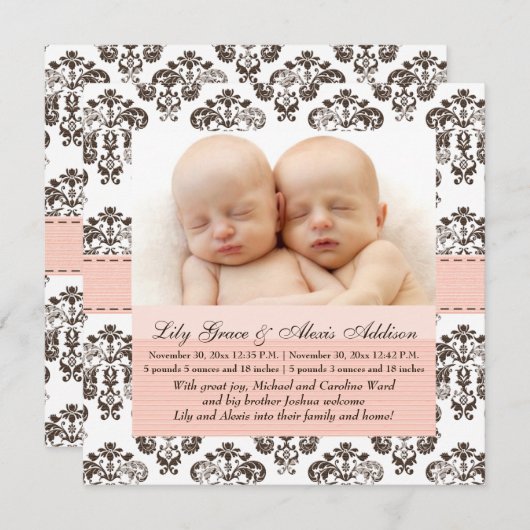 Zehn Damask Baby Ankündigung Rosa und Braun (Vorne/Hinten)