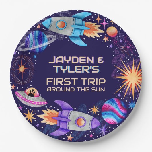 Zehn erste Reise um die Sonnenstrahlen im Weltraum Pappteller (Vorderseite)