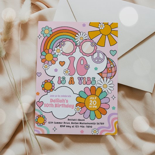 Zehn ist ein Vibe Groovy 70er Blume Power Geburtst Einladung