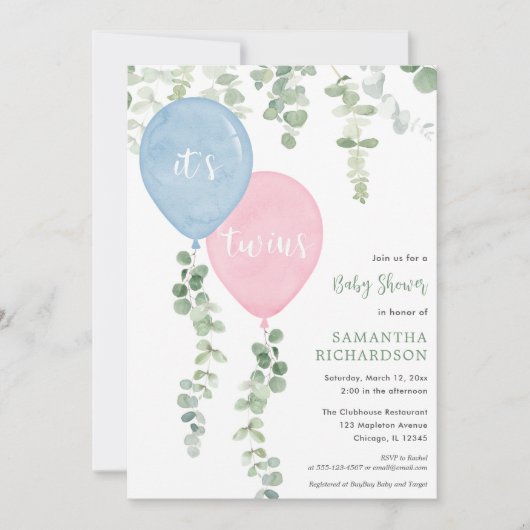 Zehn junge Mädchen blaue rosa Ballons Babydusche Einladung (Vorderseite)